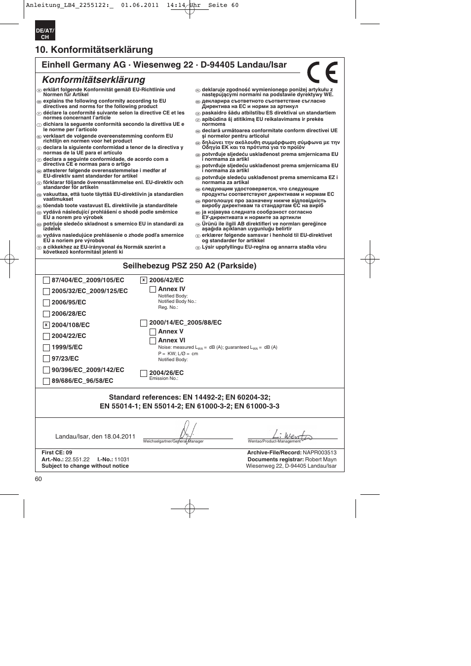 Konformitätserklärung, Seilhebezug psz 250 a2 (parkside) | Parkside PSZ 250 A2 User Manual | Page 60 / 64
