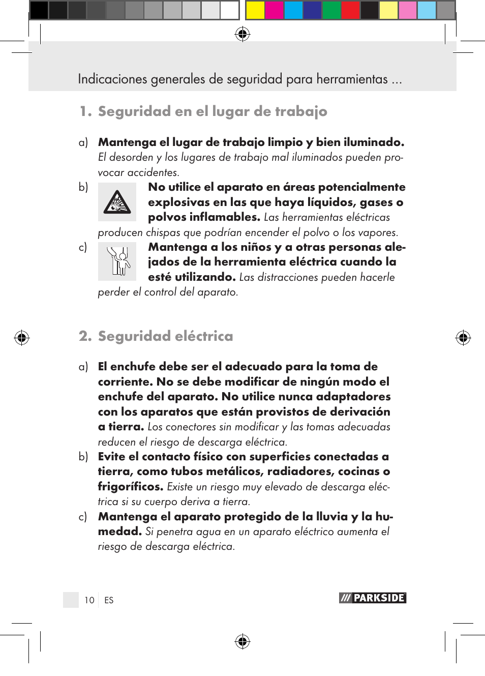 Seguridad en el lugar de trabajo, Seguridad eléctrica | Parkside PGG 15 A1 User Manual | Page 10 / 85