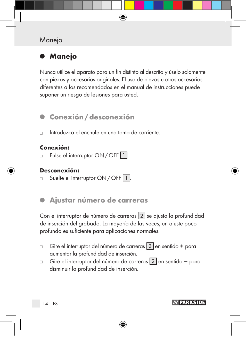 Manejo, Conexión / desconexión, Ajustar número de carreras | Parkside PGG 15 A1 User Manual | Page 14 / 85
