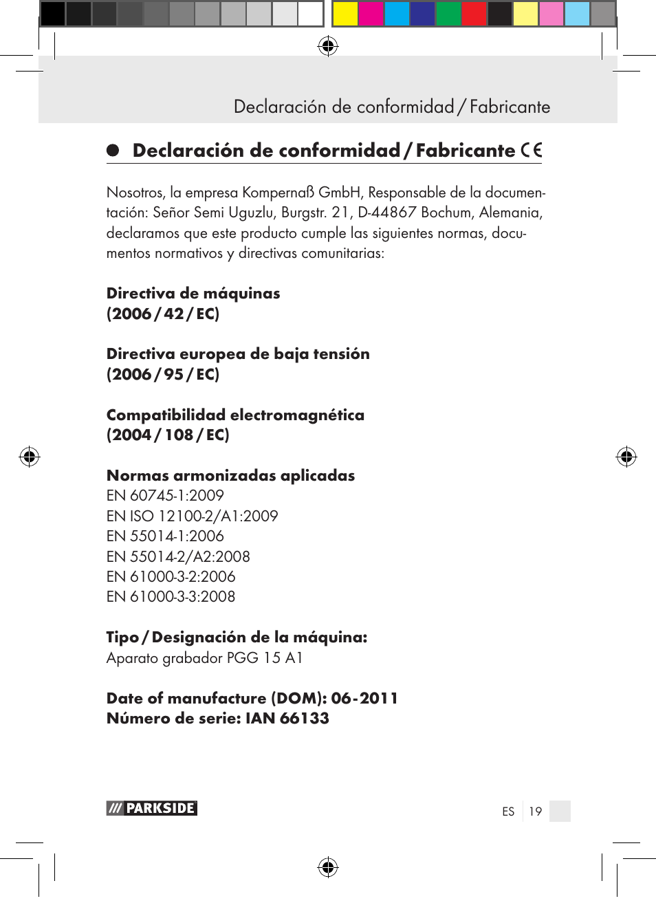 Declaración de conformidad / fabricante | Parkside PGG 15 A1 User Manual | Page 19 / 85