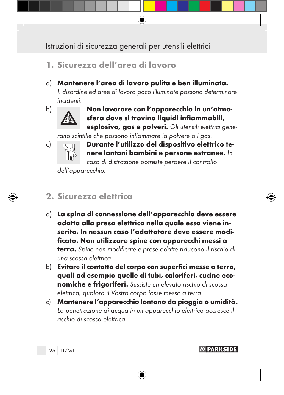 Sicurezza dell’area di lavoro, Sicurezza elettrica | Parkside PGG 15 A1 User Manual | Page 26 / 85