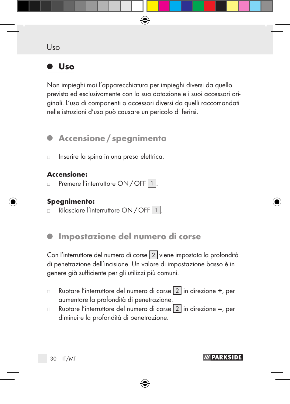 Accensione / spegnimento, Impostazione del numero di corse | Parkside PGG 15 A1 User Manual | Page 30 / 85