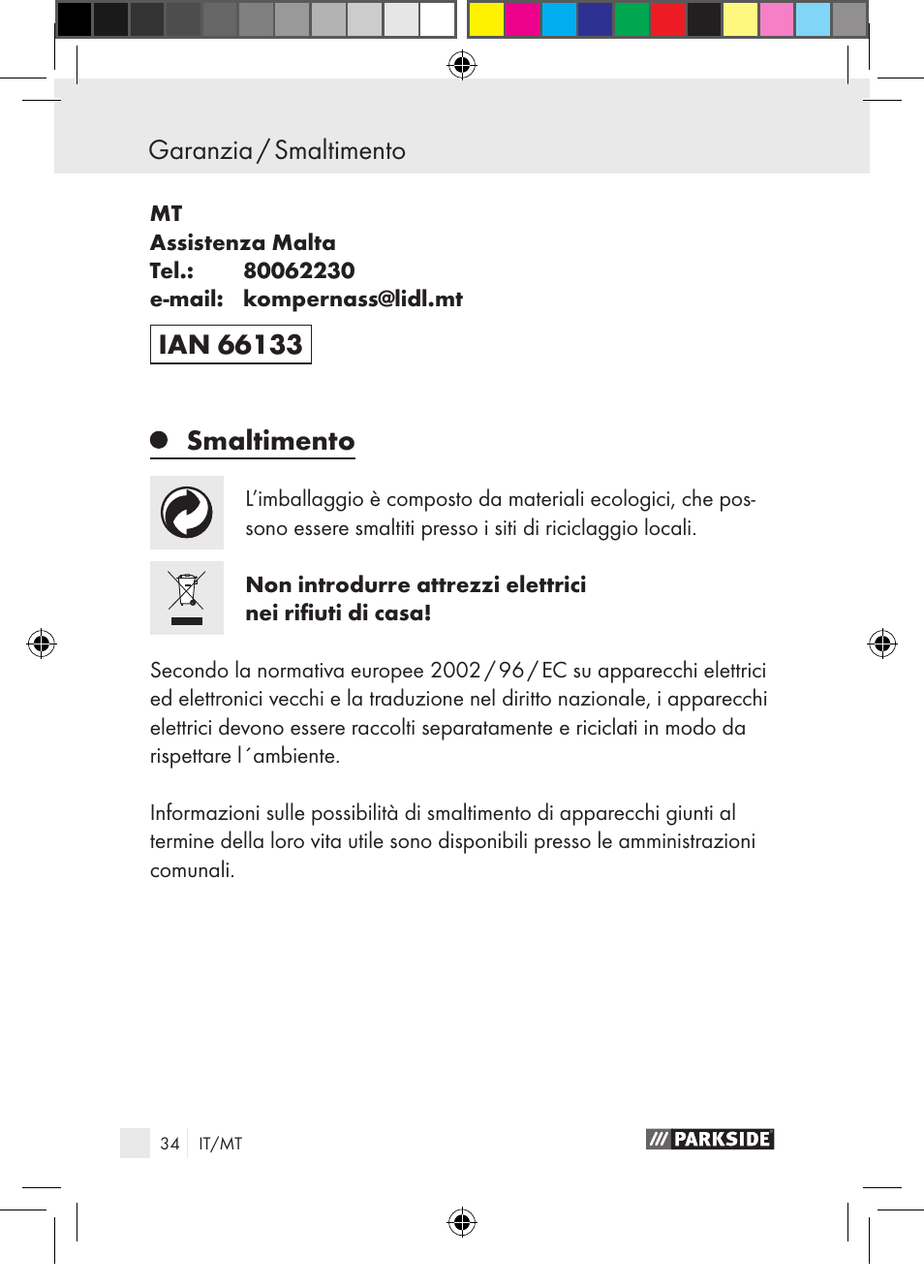 Smaltimento, Garanzia / smaltimento | Parkside PGG 15 A1 User Manual | Page 34 / 85