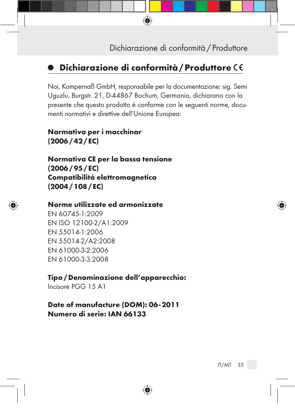 Dichiarazione di conformità / produttore | Parkside PGG 15 A1 User Manual | Page 35 / 85