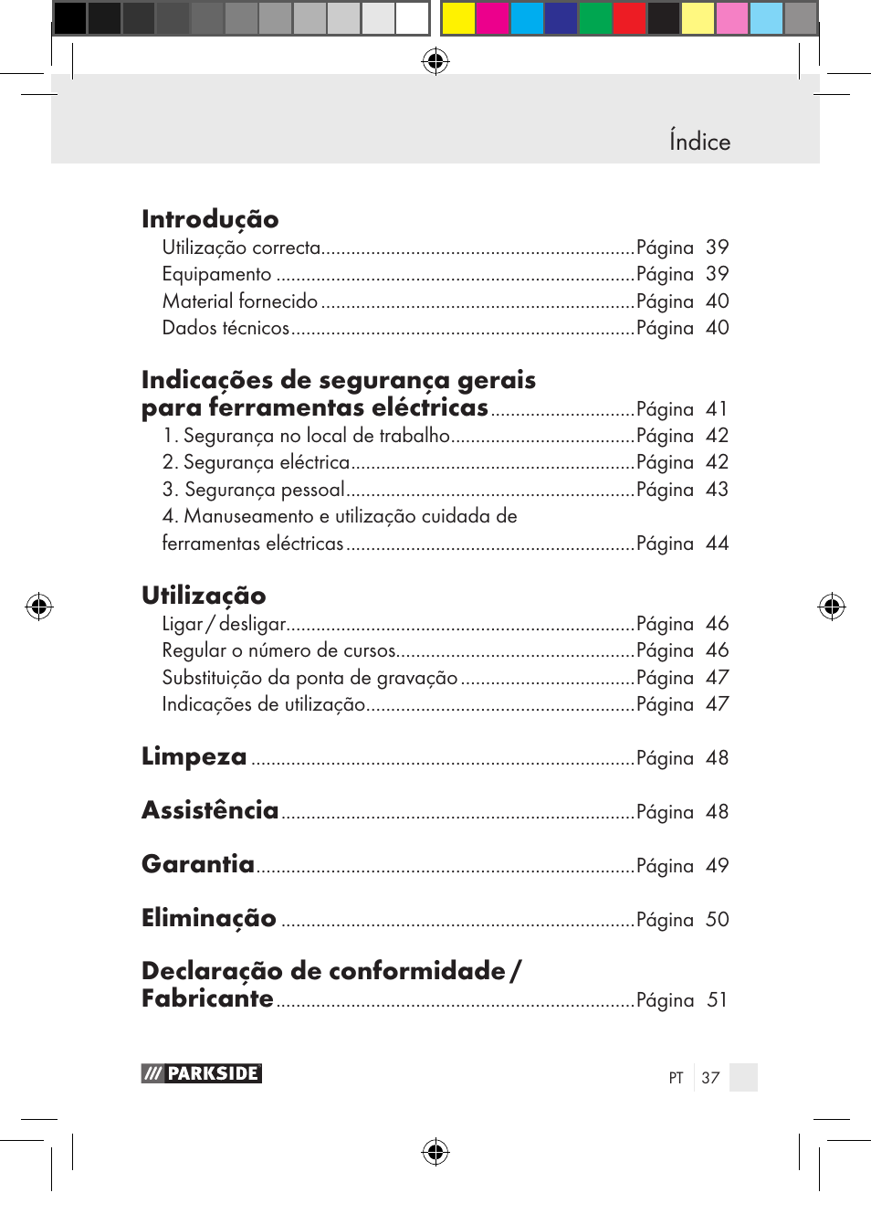 Índice introdução, Utilização, Limpeza | Assistência, Garantia, Eliminação, Declaração de conformidade / fabricante | Parkside PGG 15 A1 User Manual | Page 37 / 85