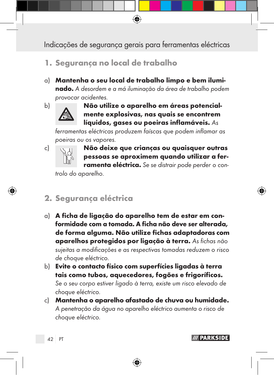 Segurança no local de trabalho, Segurança eléctrica | Parkside PGG 15 A1 User Manual | Page 42 / 85