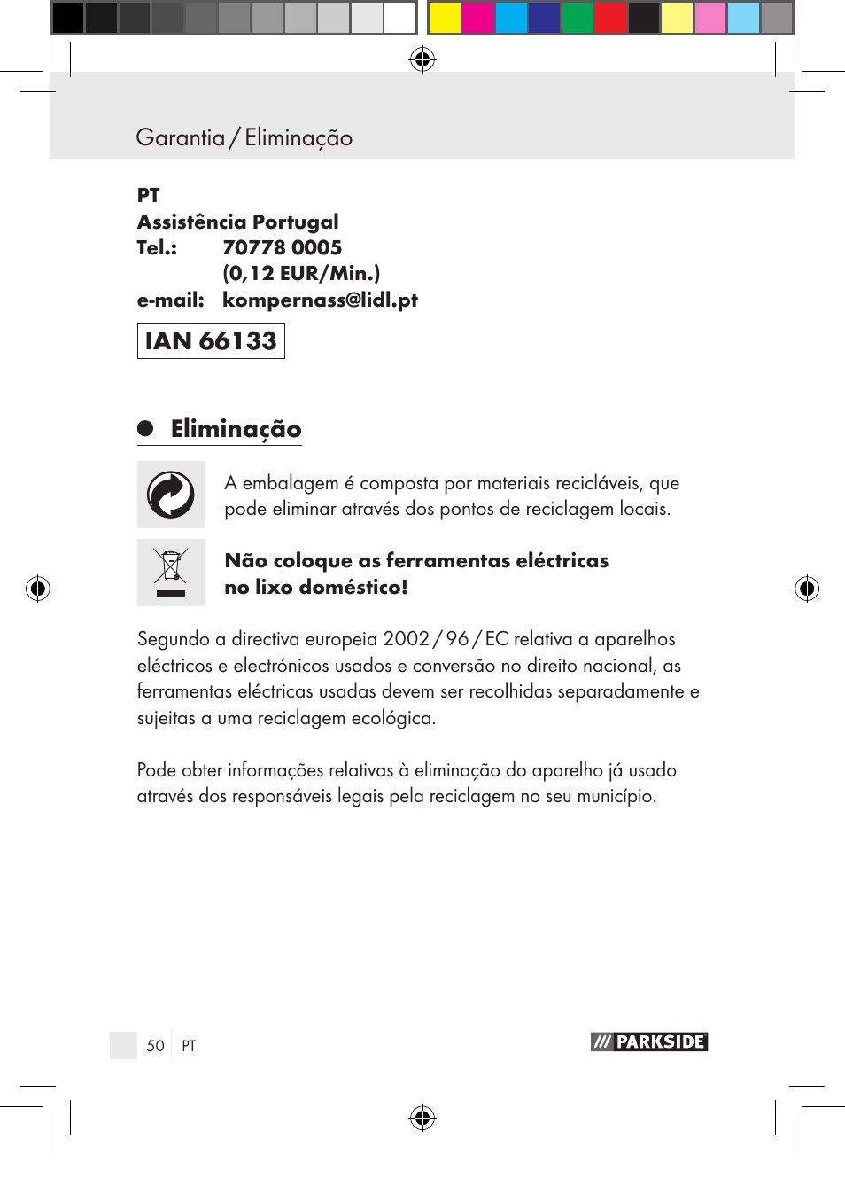 Garantia / eliminação, Eliminação | Parkside PGG 15 A1 User Manual | Page 50 / 85