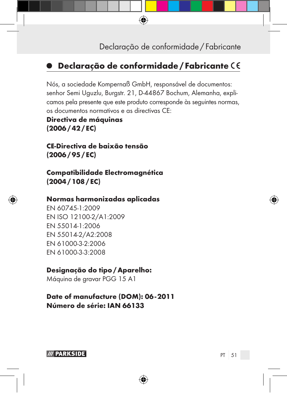 Declaração de conformidade / fabricante | Parkside PGG 15 A1 User Manual | Page 51 / 85