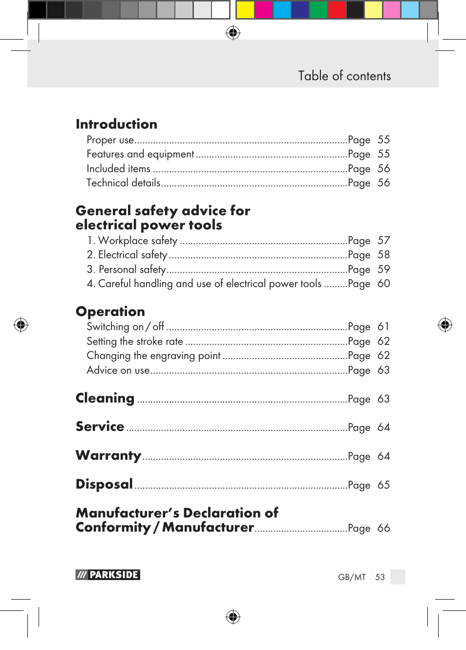 Table of contents introduction, General safety advice for electrical power tools, Operation | Cleaning, Service, Warranty, Disposal | Parkside PGG 15 A1 User Manual | Page 53 / 85