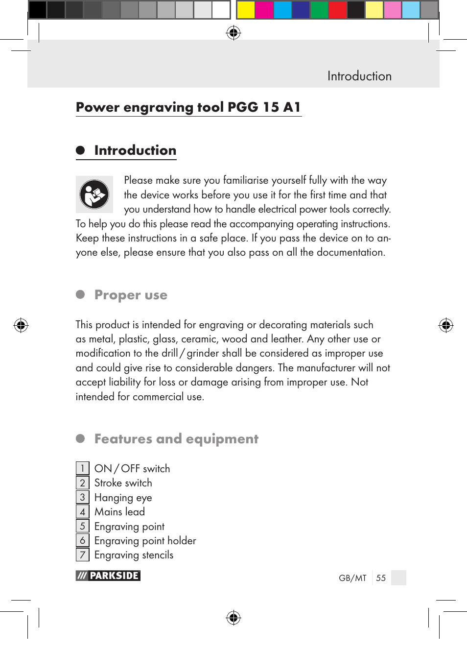 Power engraving tool pgg 15 a1, Introduction, Proper use | Features and equipment | Parkside PGG 15 A1 User Manual | Page 55 / 85