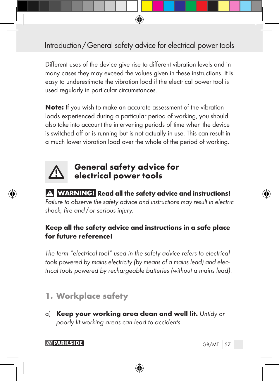 General safety advice for electrical power tools, Workplace safety | Parkside PGG 15 A1 User Manual | Page 57 / 85