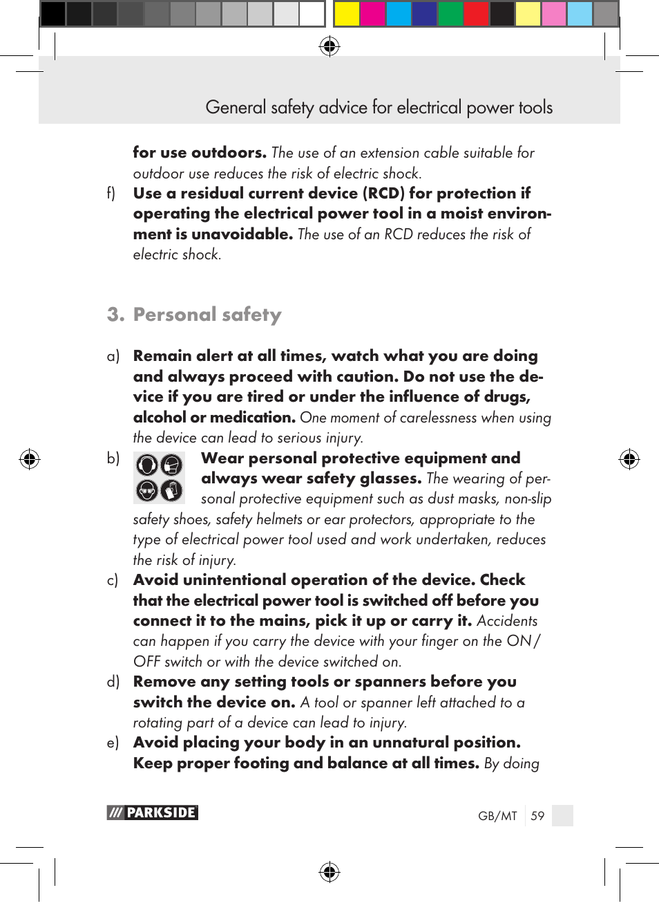 Personal safety, General safety advice for electrical power tools | Parkside PGG 15 A1 User Manual | Page 59 / 85