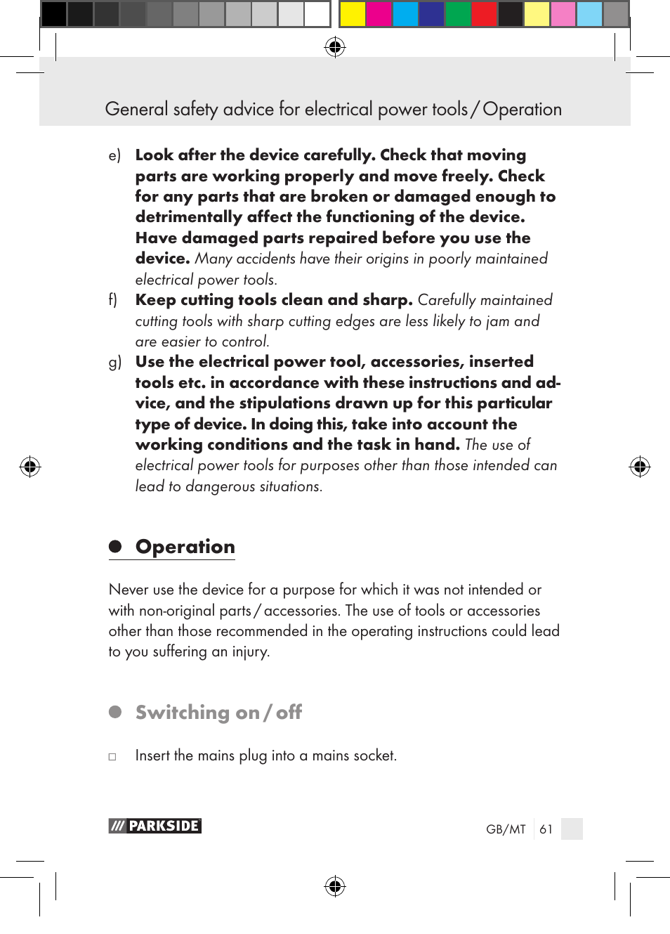 Operation, Switching on / off | Parkside PGG 15 A1 User Manual | Page 61 / 85