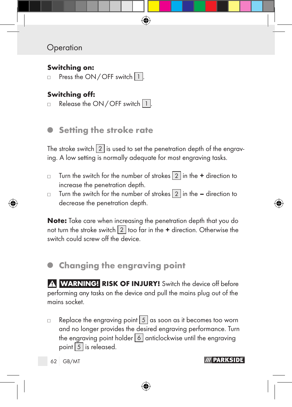 Setting the stroke rate, Changing the engraving point, Operation | Parkside PGG 15 A1 User Manual | Page 62 / 85