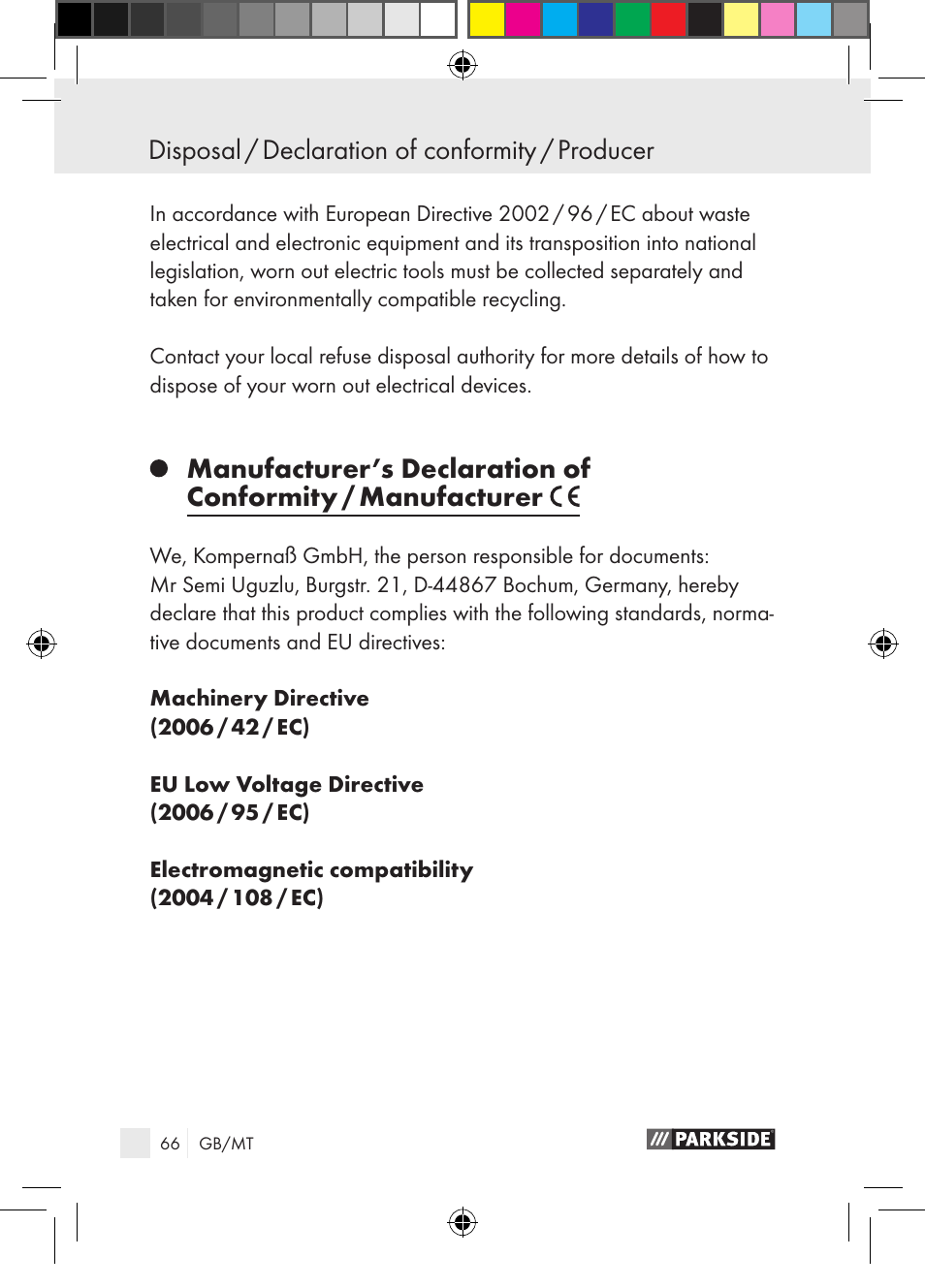 Disposal / declaration of conformity / producer | Parkside PGG 15 A1 User Manual | Page 66 / 85