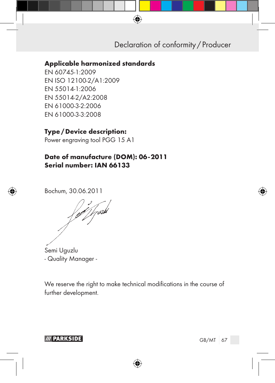 Declaration of conformity / producer | Parkside PGG 15 A1 User Manual | Page 67 / 85