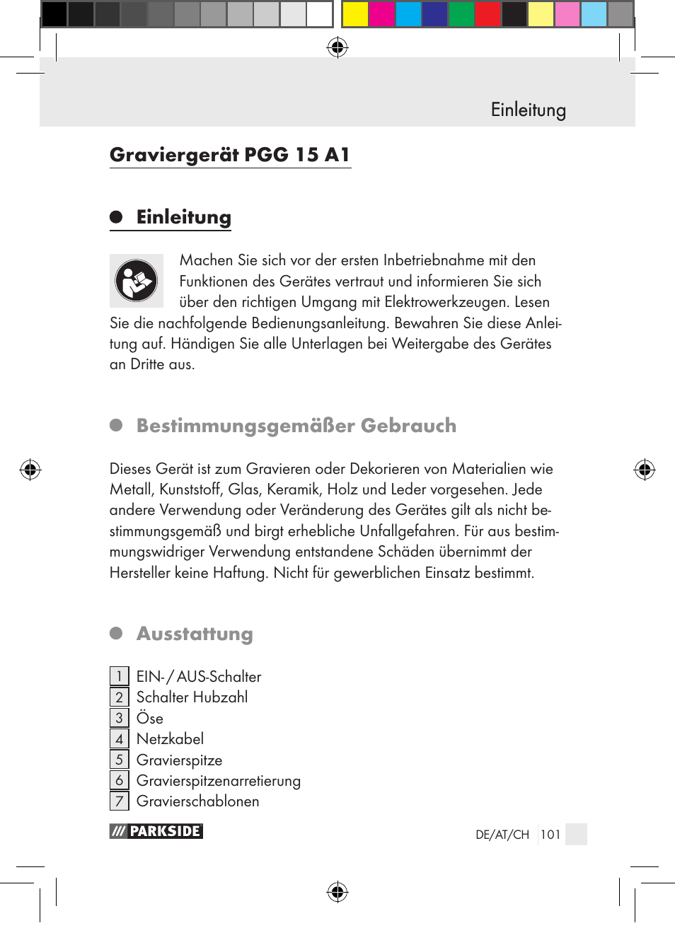Einleitung graviergerät pgg 15 a1, Einleitung, Bestimmungsgemäßer gebrauch | Ausstattung | Parkside PGG 15 A1 User Manual | Page 101 / 115
