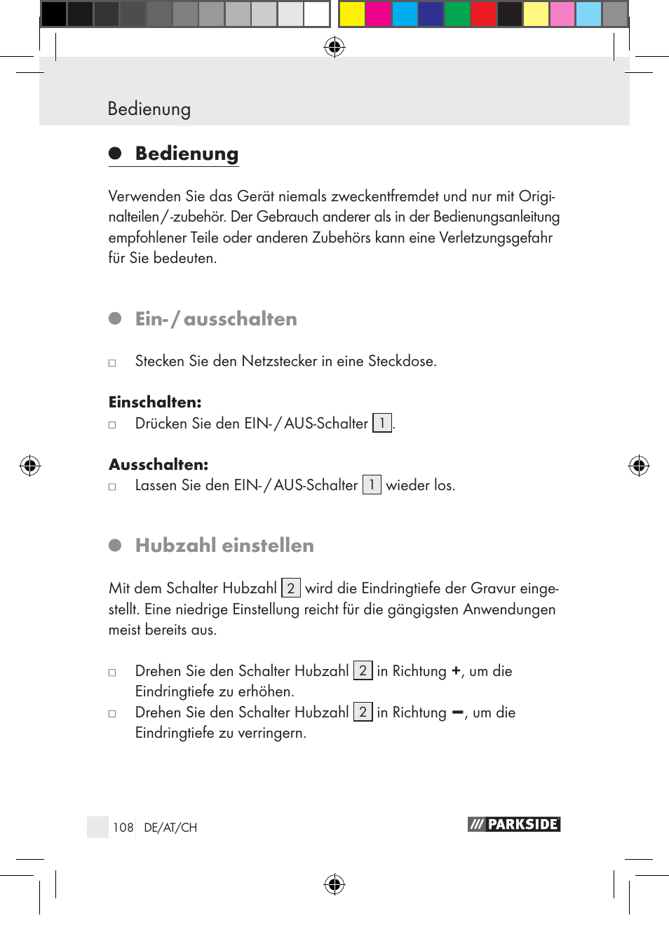 Bedienung, Ein- / ausschalten, Hubzahl einstellen | Parkside PGG 15 A1 User Manual | Page 108 / 115