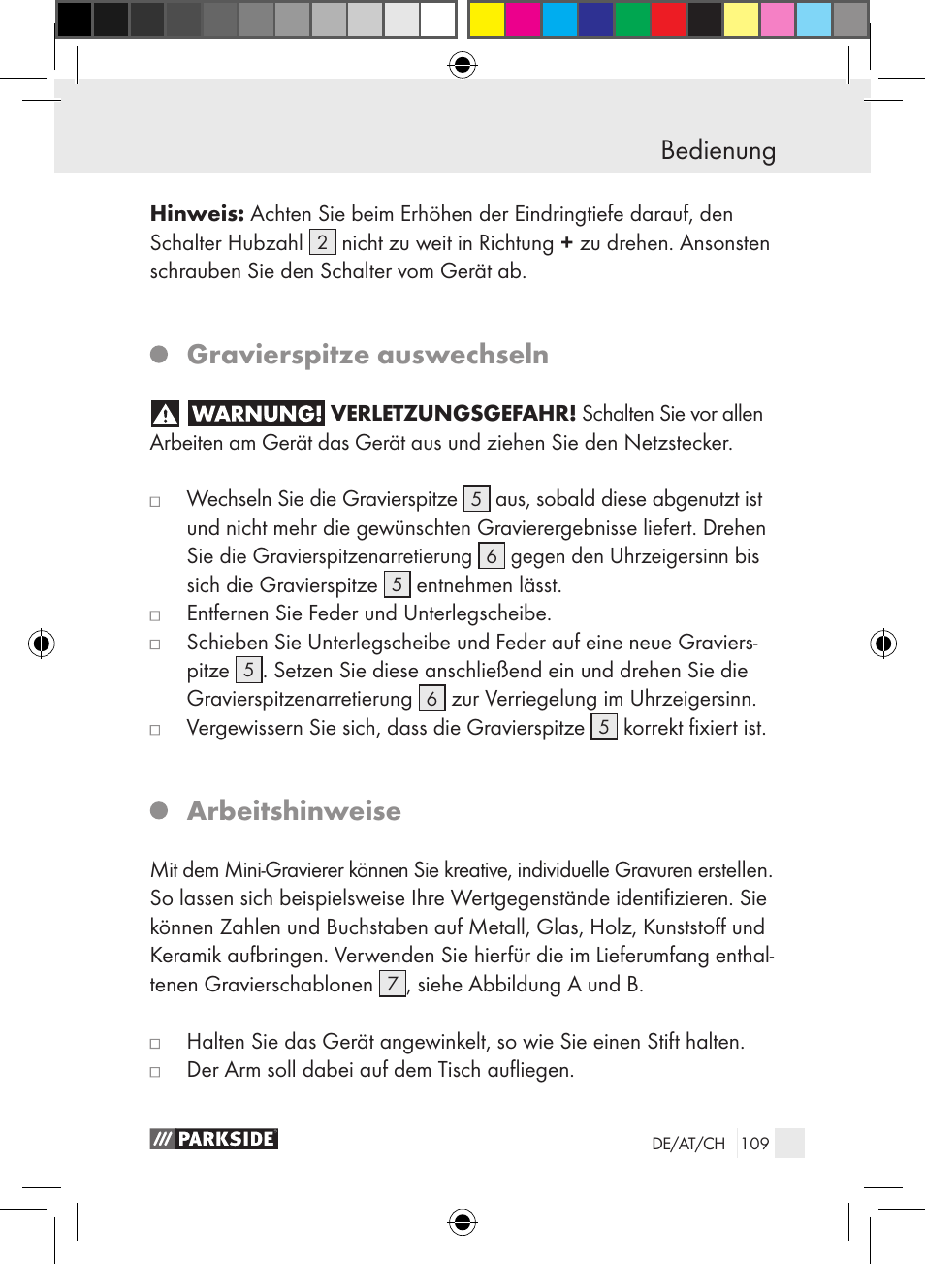Bedienung, Gravierspitze auswechseln, Arbeitshinweise | Parkside PGG 15 A1 User Manual | Page 109 / 115