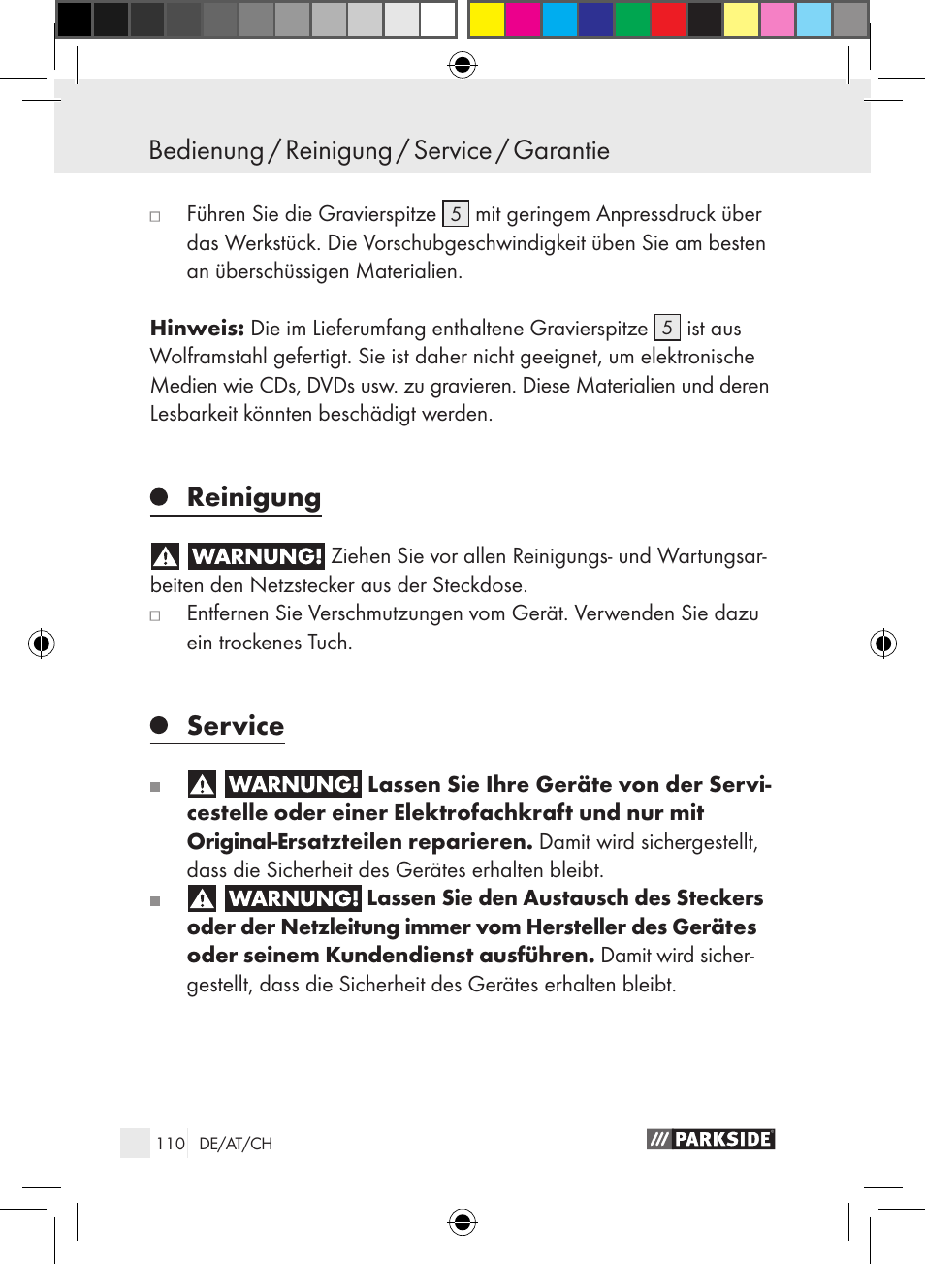 Reinigung, Service, Bedienung / reinigung / service / garantie | Parkside PGG 15 A1 User Manual | Page 110 / 115