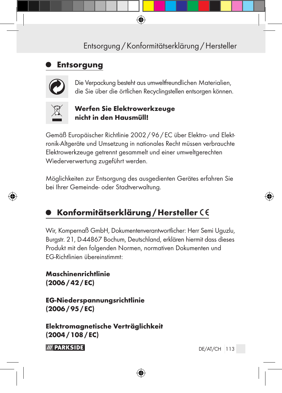 Entsorgung, Konformitätserklärung / hersteller, Entsorgung / konformitätserklärung / hersteller | Parkside PGG 15 A1 User Manual | Page 113 / 115