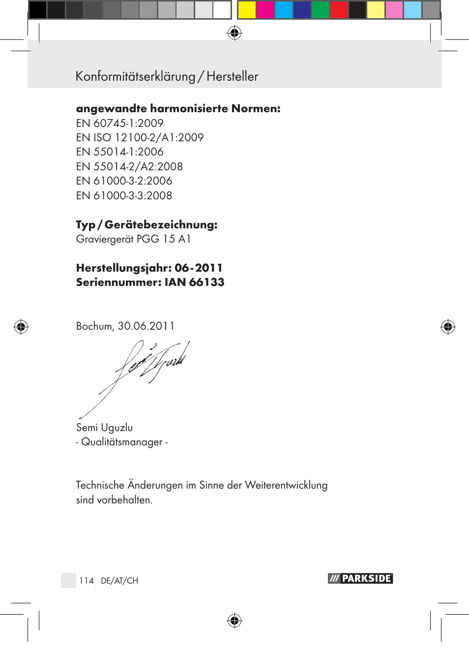 Konformitätserklärung / hersteller | Parkside PGG 15 A1 User Manual | Page 114 / 115