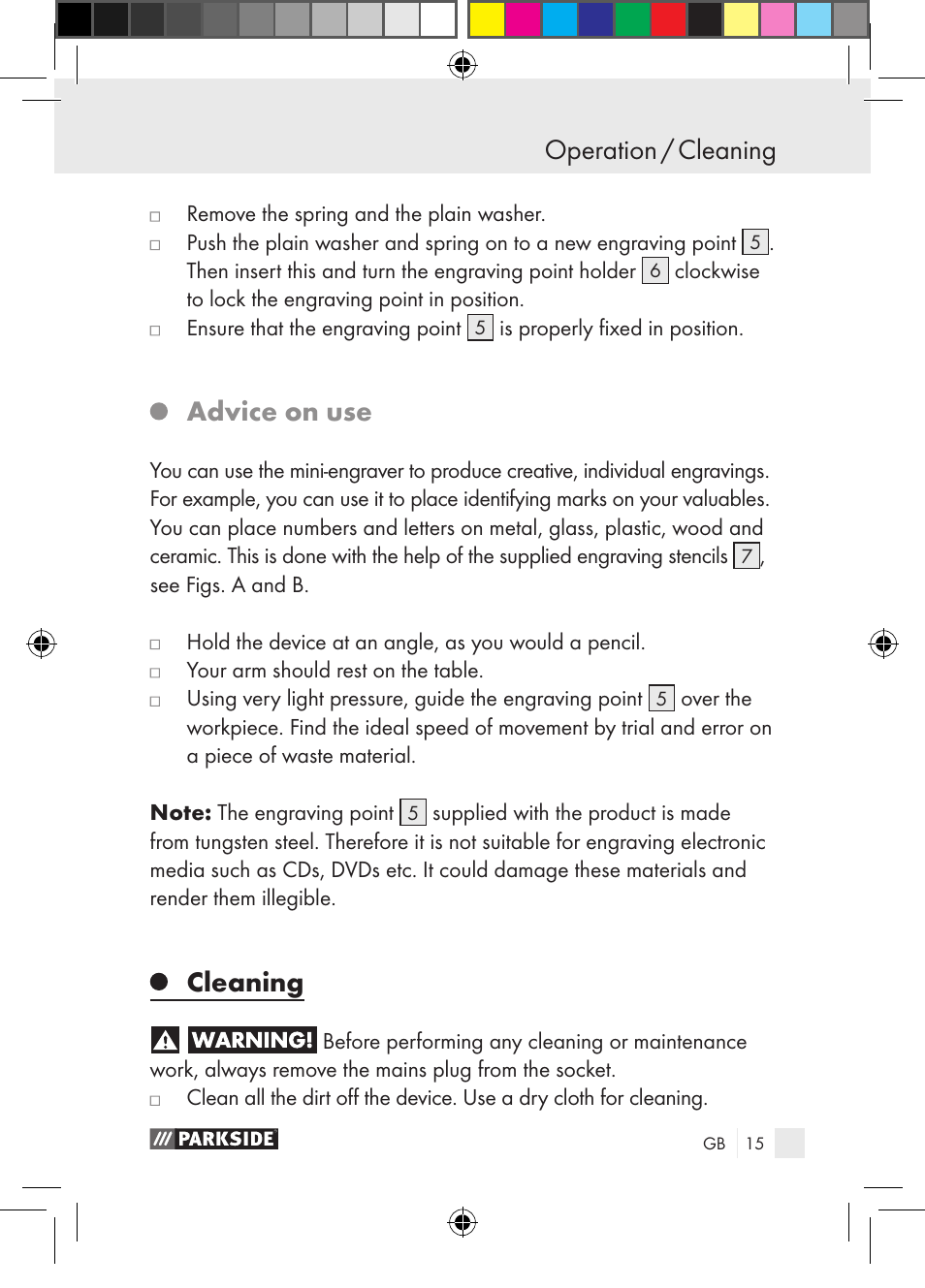 Operation / cleaning, Advice on use, Cleaning | Parkside PGG 15 A1 User Manual | Page 15 / 115
