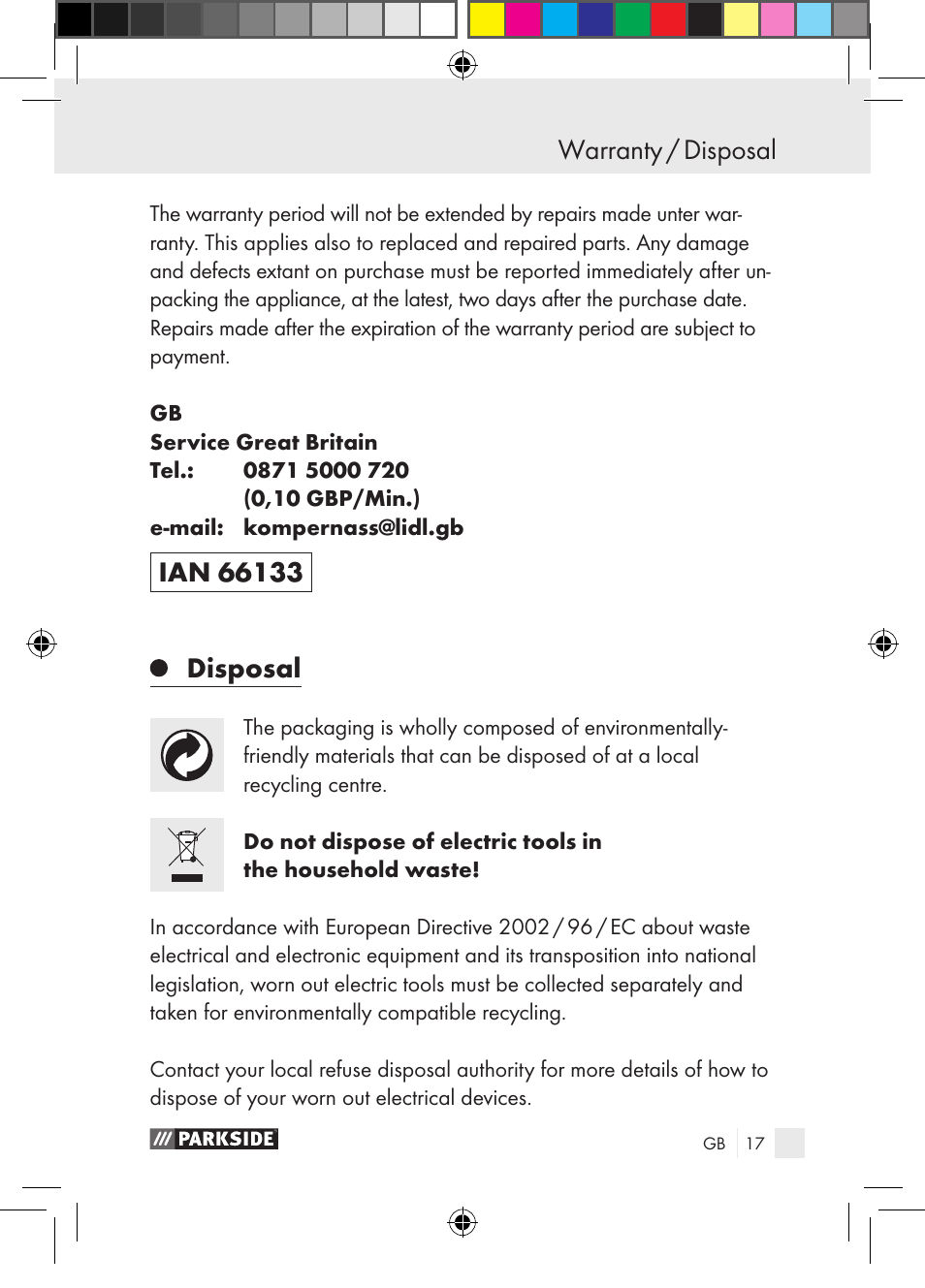 Warranty / disposal, Disposal | Parkside PGG 15 A1 User Manual | Page 17 / 115