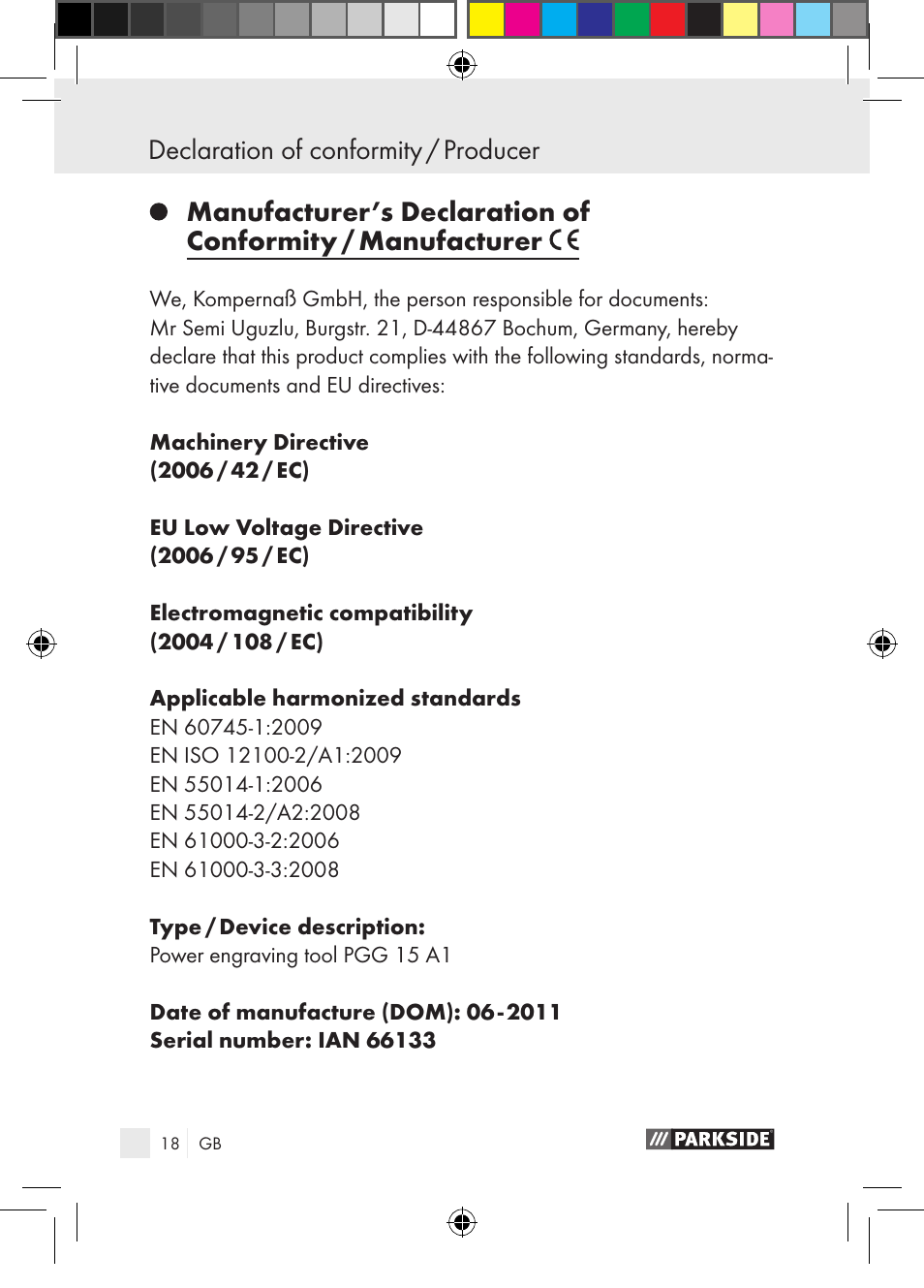 Declaration of conformity / producer | Parkside PGG 15 A1 User Manual | Page 18 / 115
