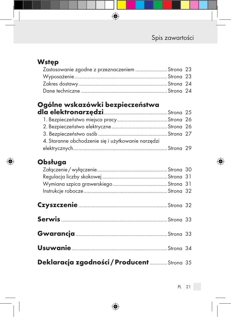 Wstęp, Obsługa, Czyszczenie | Serwis, Gwarancja, Usuwanie, Deklaracja zgodności / producent, Spis zawartości | Parkside PGG 15 A1 User Manual | Page 21 / 115