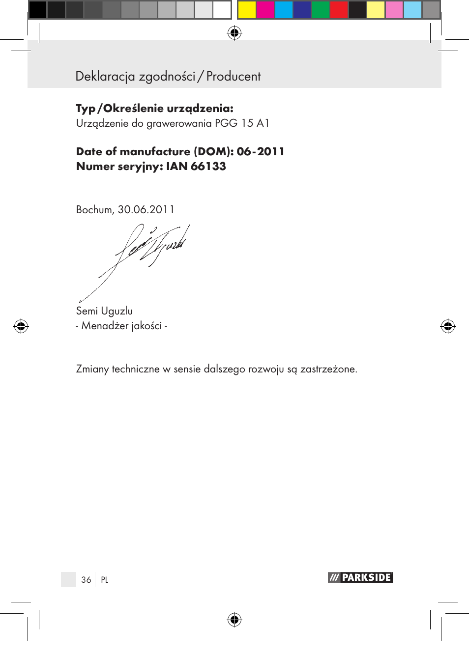Deklaracja zgodności / producent, Tartalomjegyzék | Parkside PGG 15 A1 User Manual | Page 36 / 115