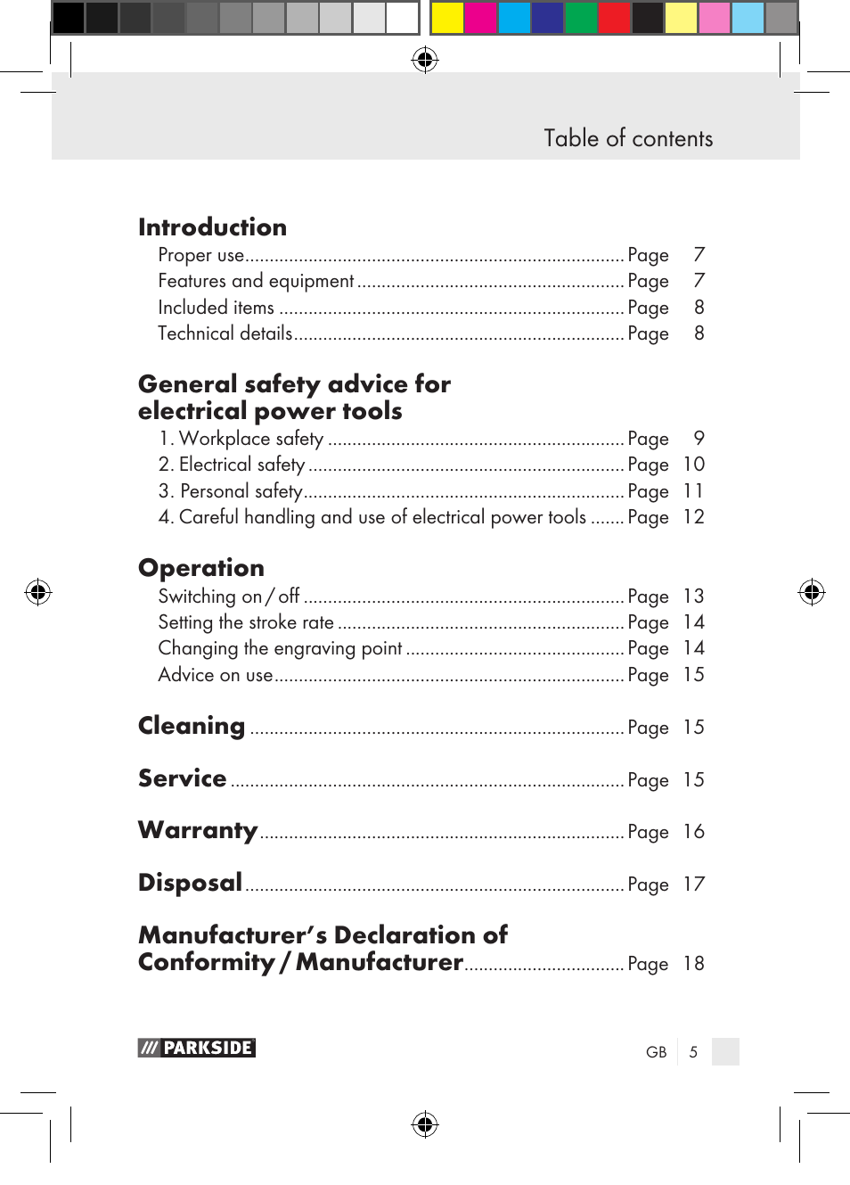 Table of contents introduction, General safety advice for electrical power tools, Operation | Cleaning, Service, Warranty, Disposal | Parkside PGG 15 A1 User Manual | Page 5 / 115