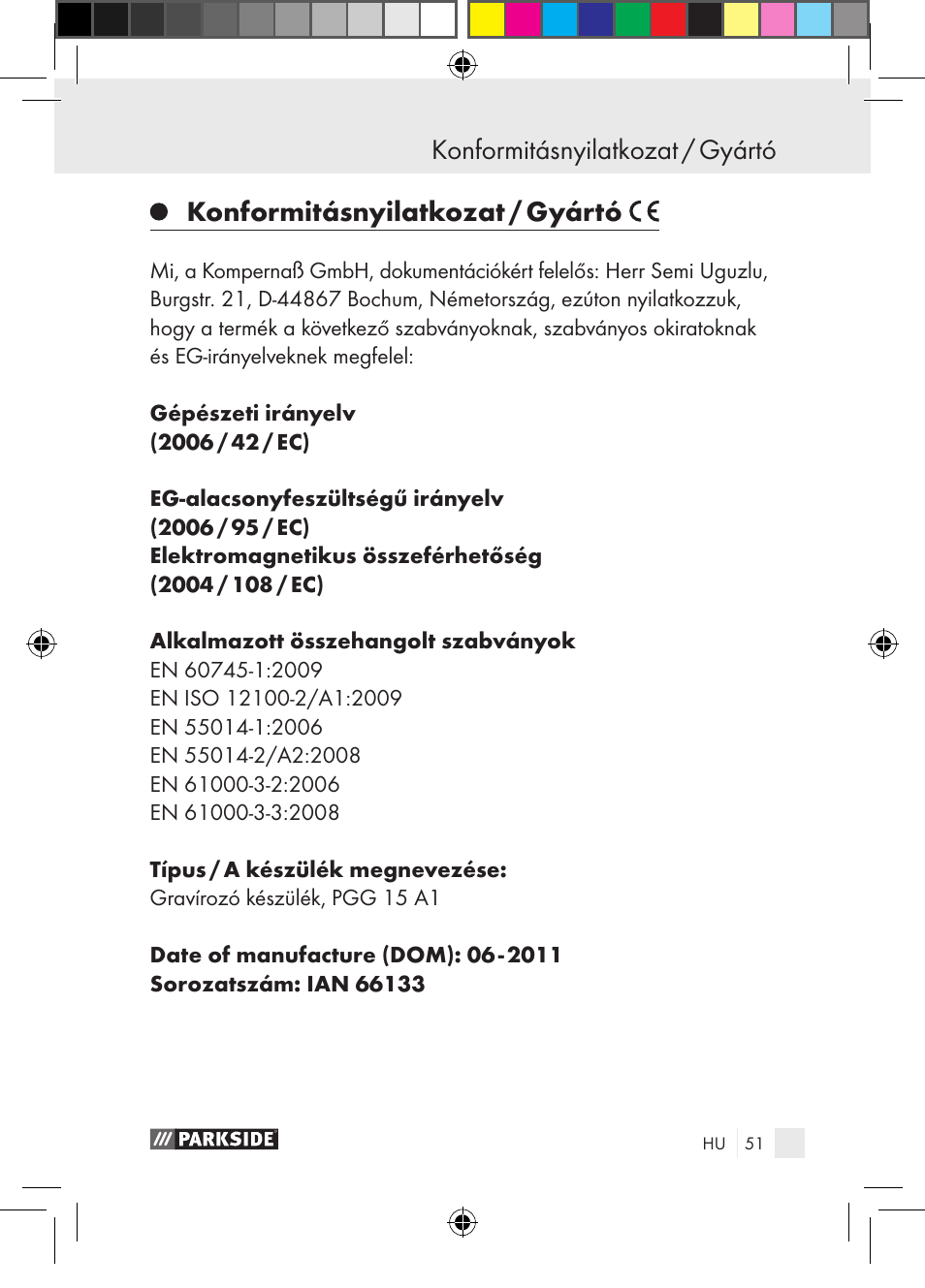 Konformitásnyilatkozat / gyártó | Parkside PGG 15 A1 User Manual | Page 51 / 115