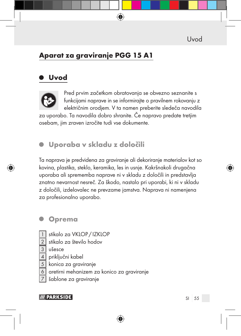 Uvod aparat za graviranje pgg 15 a1, Uvod, Uporaba v skladu z določili | Oprema | Parkside PGG 15 A1 User Manual | Page 55 / 115