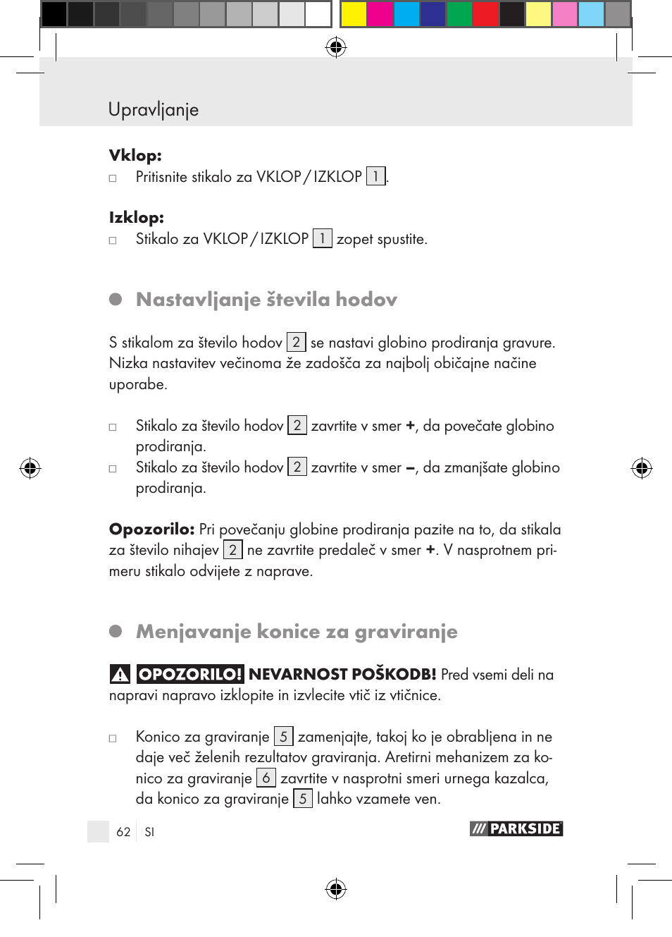 Upravljanje, Nastavljanje števila hodov, Menjavanje konice za graviranje | Parkside PGG 15 A1 User Manual | Page 62 / 115