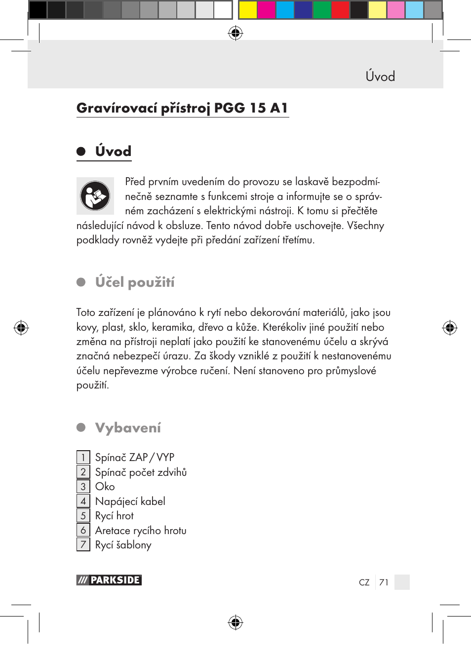 Úvod gravírovací přístroj pgg 15 a1, Úvod, Účel použití | Vybavení | Parkside PGG 15 A1 User Manual | Page 71 / 115