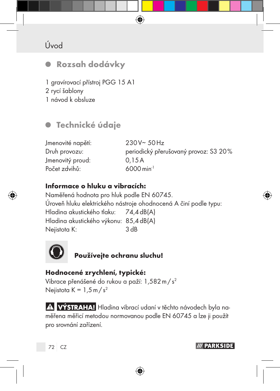 Rozsah dodávky, Technické údaje | Parkside PGG 15 A1 User Manual | Page 72 / 115