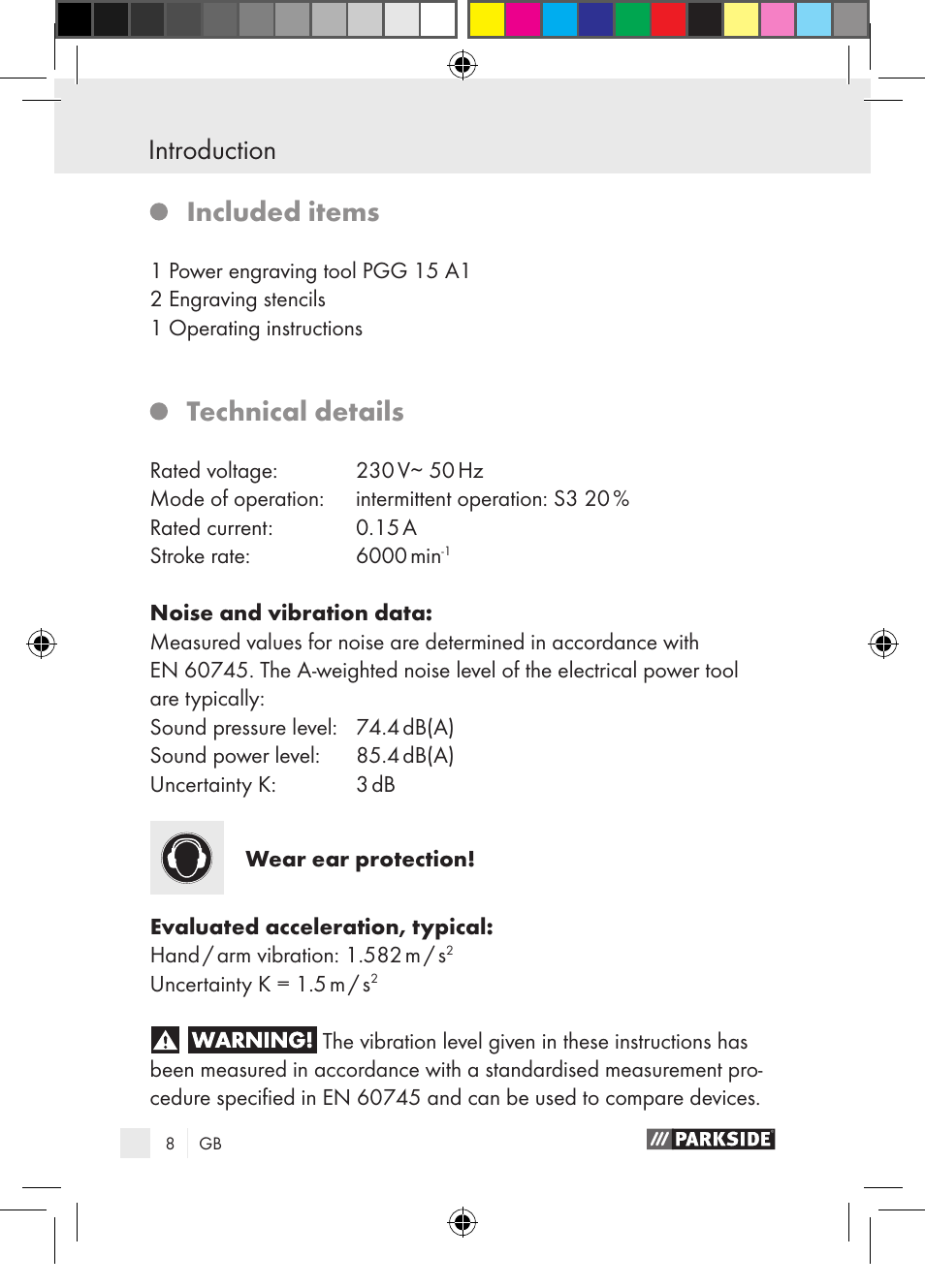 Included items, Technical details | Parkside PGG 15 A1 User Manual | Page 8 / 115