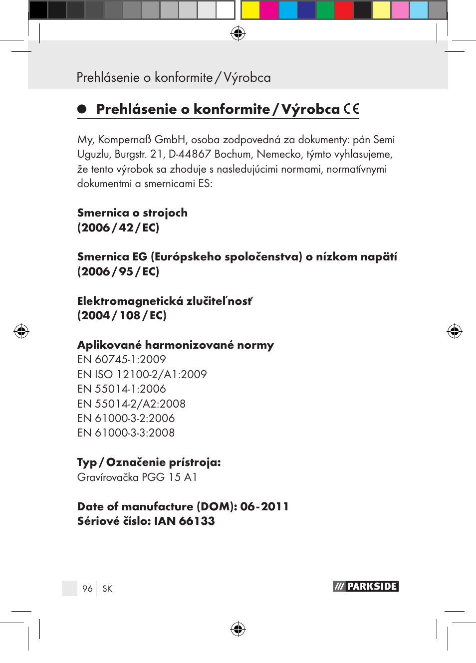 Prehlásenie o konformite / výrobca | Parkside PGG 15 A1 User Manual | Page 96 / 115