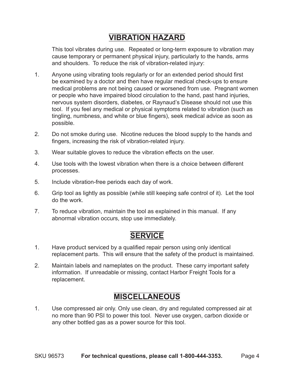 Vibration hazard, Service, Miscellaneous | Harbor Freight Tools Model 96573 User Manual | Page 4 / 10