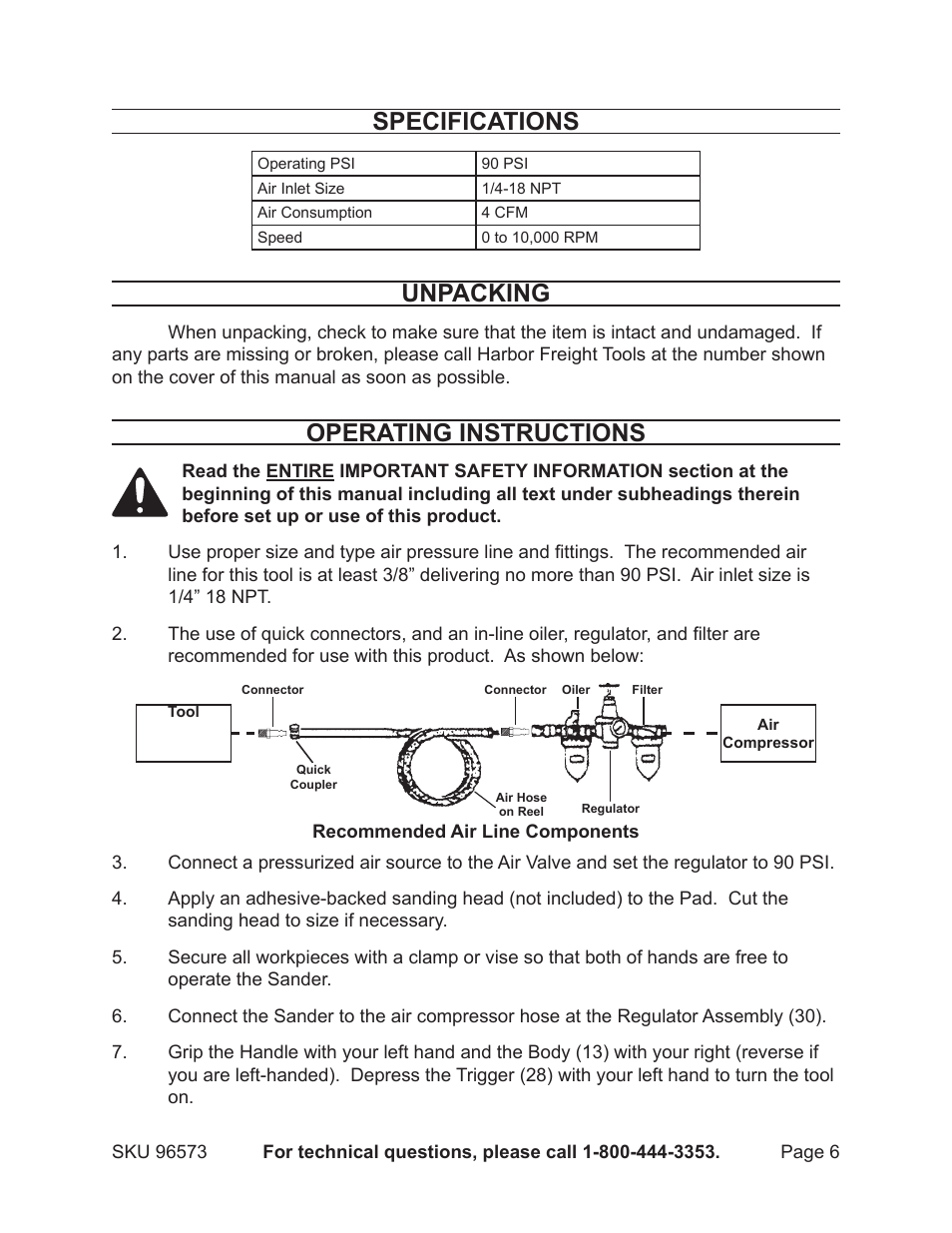 Specifications, Unpacking, Operating instructions | Harbor Freight Tools Model 96573 User Manual | Page 6 / 10