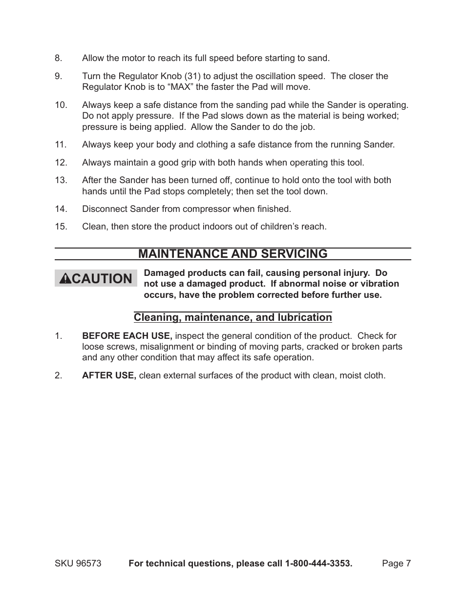 Caution, Maintenance and servicing | Harbor Freight Tools Model 96573 User Manual | Page 7 / 10