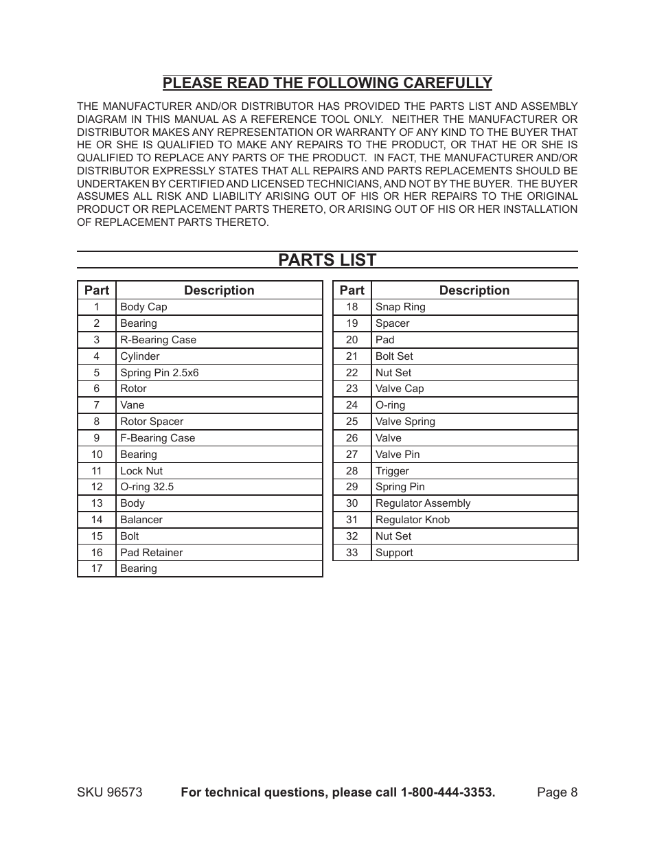 Parts list, Please read the following carefully | Harbor Freight Tools Model 96573 User Manual | Page 8 / 10