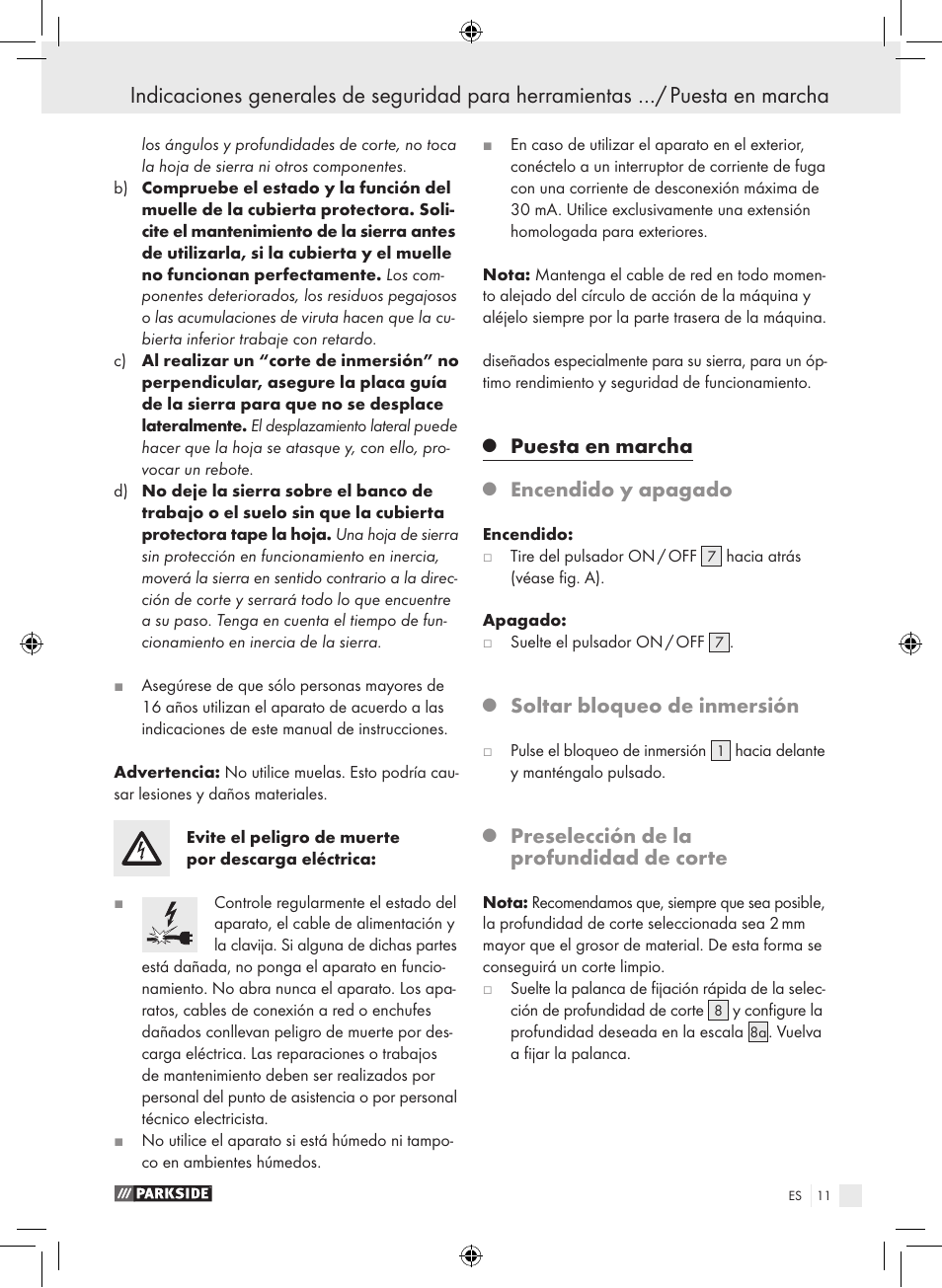 Puesta en marcha, Encendido y apagado, Soltar bloqueo de inmersión | Preselección de la profundidad de corte | Parkside PTS 450 A1 User Manual | Page 11 / 55