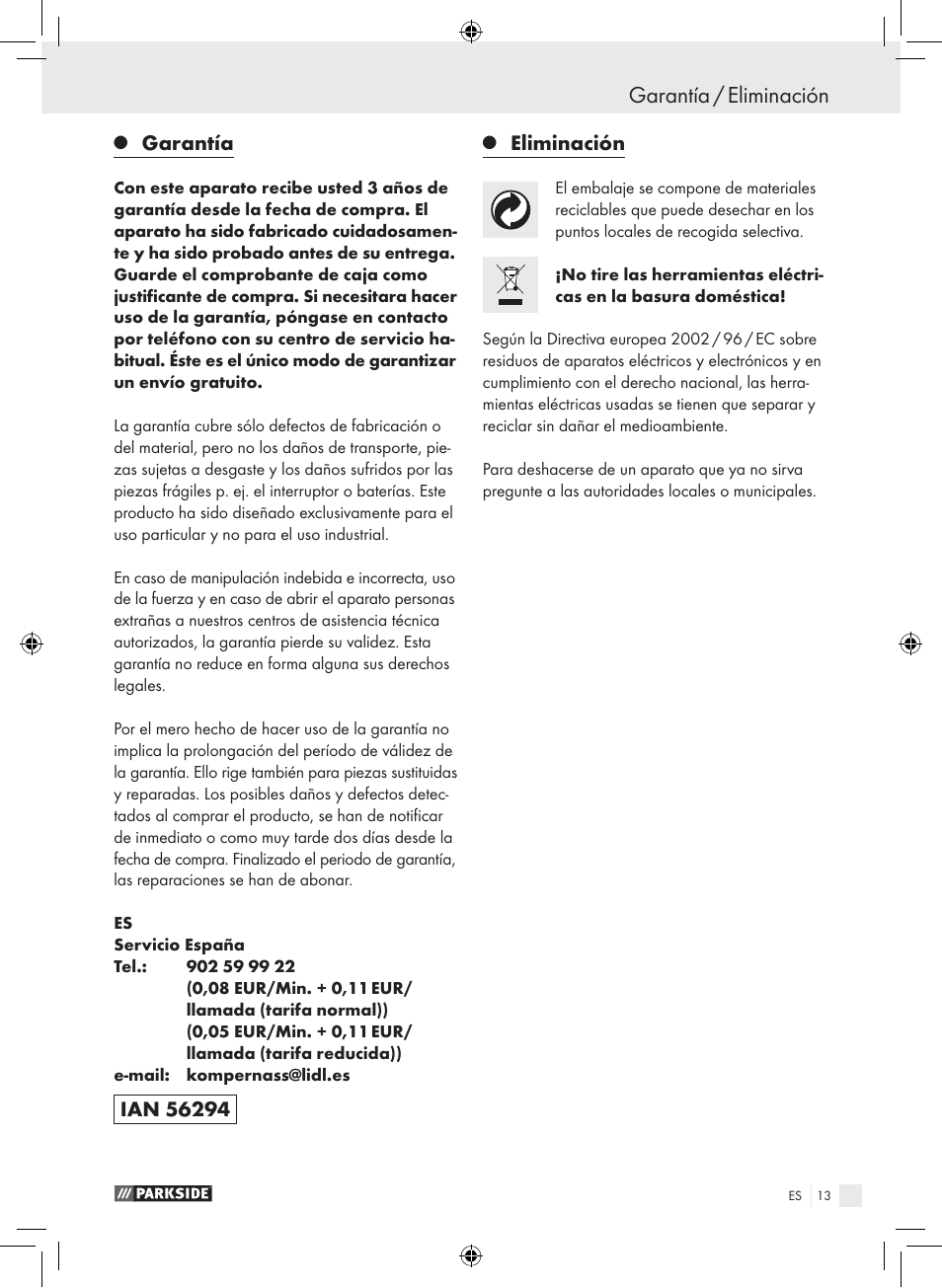 Garantía / eliminación, Garantía, Eliminación | Parkside PTS 450 A1 User Manual | Page 13 / 55