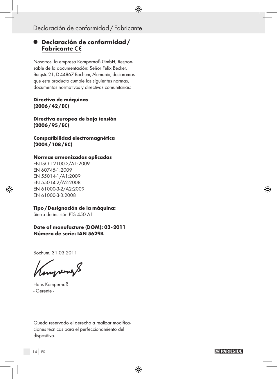 Declaración de conformidad / fabricante | Parkside PTS 450 A1 User Manual | Page 14 / 55