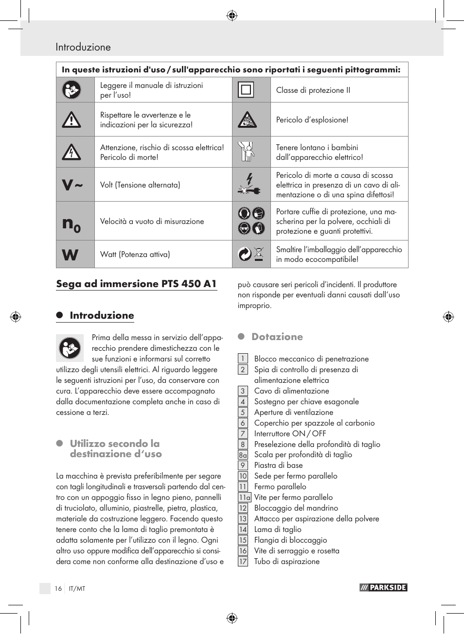 Introduzione, Sega ad immersione pts 450 a1, Utilizzo secondo la destinazione d‘uso | Dotazione | Parkside PTS 450 A1 User Manual | Page 16 / 55