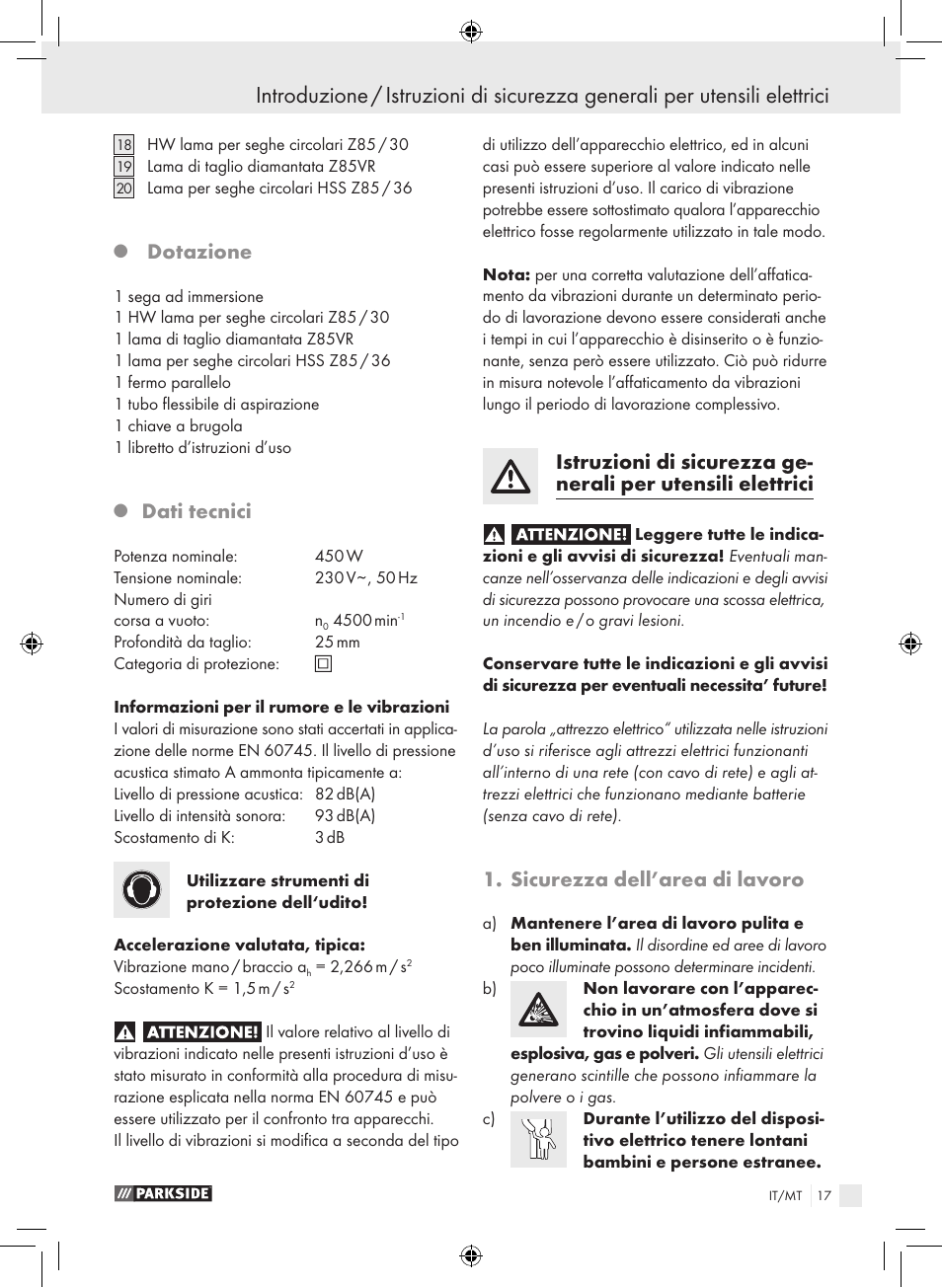 Dotazione, Dati tecnici, Sicurezza dell’area di lavoro | Parkside PTS 450 A1 User Manual | Page 17 / 55