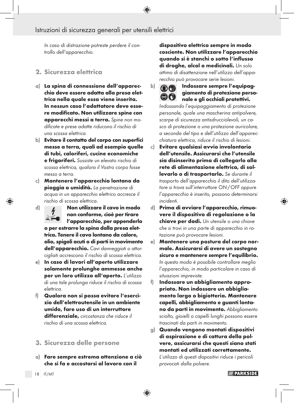 Sicurezza elettrica, Sicurezza delle persone | Parkside PTS 450 A1 User Manual | Page 18 / 55