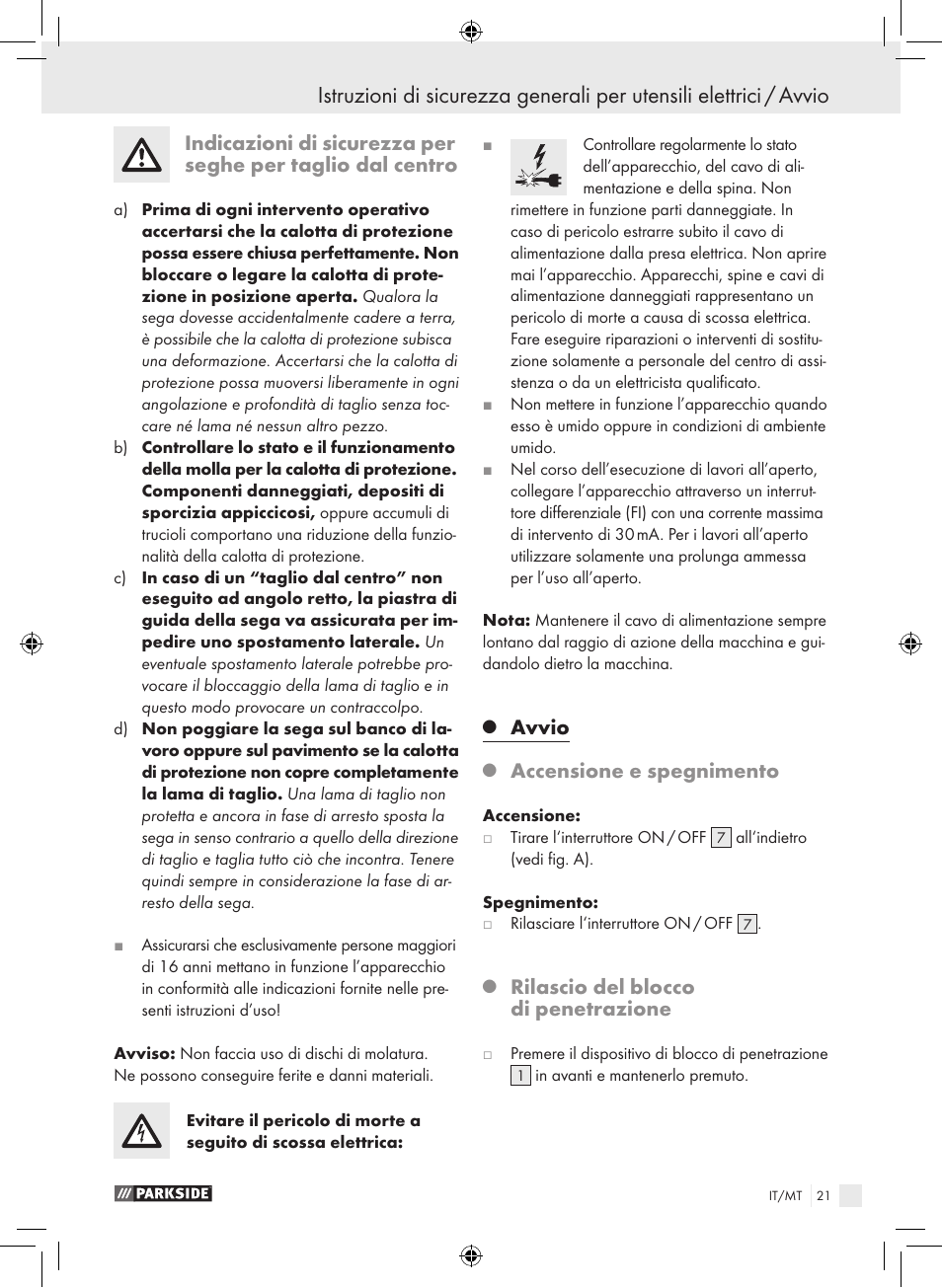 Avvio, Accensione e spegnimento, Rilascio del blocco di penetrazione | Parkside PTS 450 A1 User Manual | Page 21 / 55